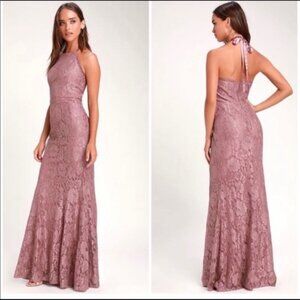 NWT Lulus Every Memory Mauve Lace Halter Maxi Dress M